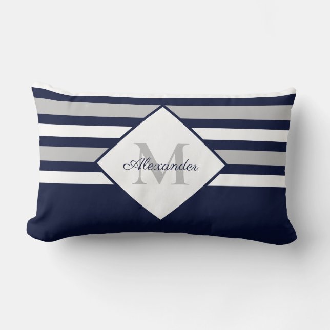 Nautical Modern Navy Blue Gray Stripes Monogram  Lumbar Pillow (Front)