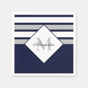 Nautical Modern Navy Blue Gray Stripes Monogram Napkins