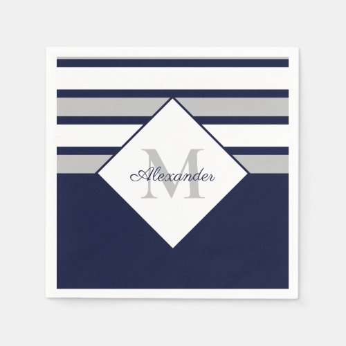 Nautical Modern Navy Blue Gray Stripes Monogram  Napkins
