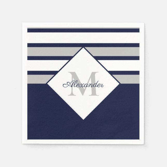 Nautical Modern Navy Blue Gray Stripes Monogram  Napkins (Front)