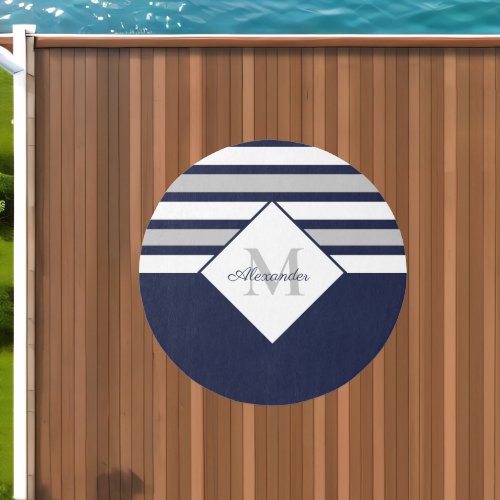 Nautical Modern Navy Blue Gray Stripes Monogram  Outdoor Rug