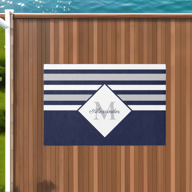 Nautical Modern Navy Blue Gray Stripes Monogram  Outdoor Rug (Insitu (Outdoor 1))