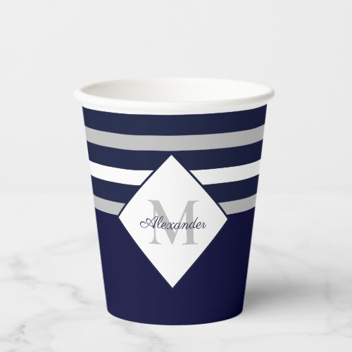 Nautical Modern Navy Blue Gray Stripes Monogram  P Paper Cups