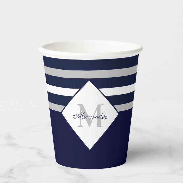 Nautical Modern Navy Blue Gray Stripes Monogram  P Paper Cups (Front)