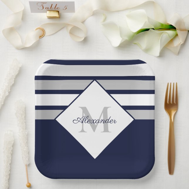 Nautical Modern Navy Blue Gray Stripes Monogram Paper Plates (Wedding)