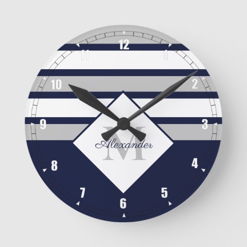 Nautical Modern Navy Blue Gray Stripes Monogram Round Clock
