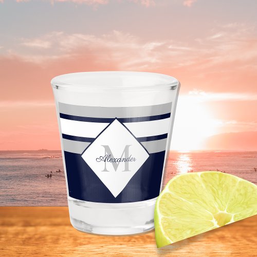 Nautical Modern Navy Blue Gray Stripes Monogram Shot Glass