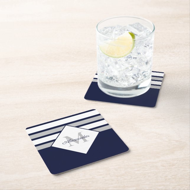 Nautical Modern Navy Blue Gray Stripes Monogram  Square Paper Coaster (Insitu)