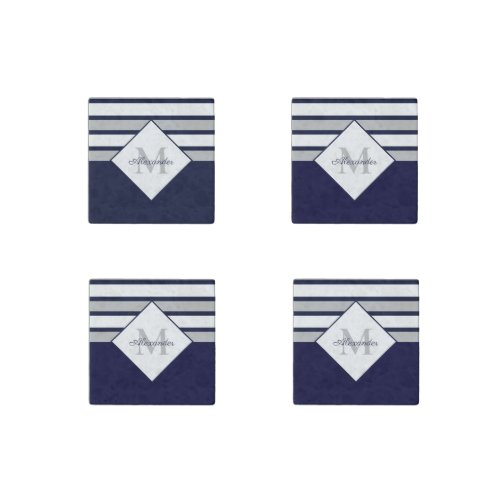 Nautical Modern Navy Blue Gray Stripes Monogram   Stone Magnet