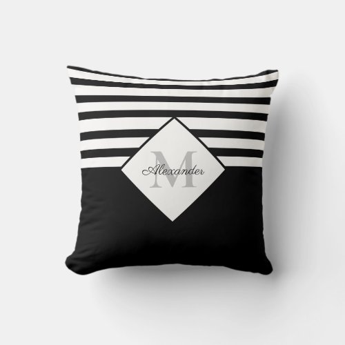 Nautical Modern Navy Blue Gray Stripes Monogram  T Throw Pillow