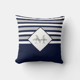 Nautical Modern Navy Blue Gray Stripes Monogram  Throw Pillow