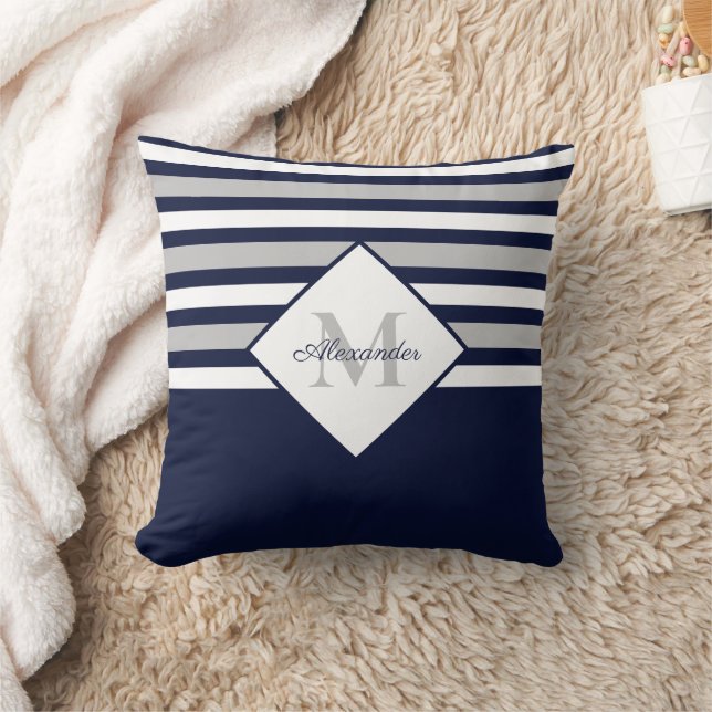 Nautical Modern Navy Blue Gray Stripes Monogram  Throw Pillow (Blanket)