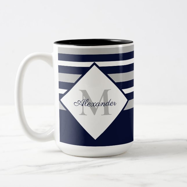 Nautical Modern Navy Blue Gray Stripes Monogram  Two-Tone Coffee Mug (Left)