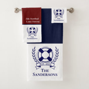 Nautical Modern Navy Blue Monogram Lake House Bath Towel Set