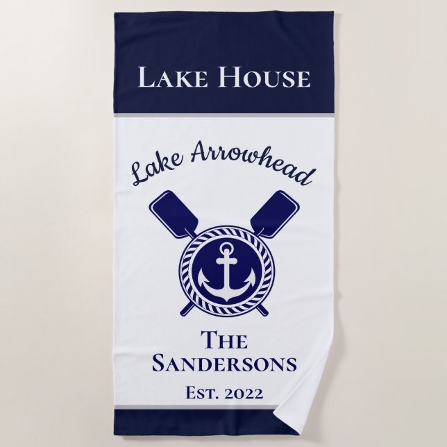 Nautical Modern Navy Blue Monogram Lake House  Beach Towel (Front)