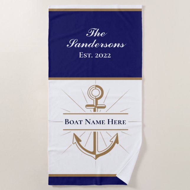 Nautical Modern Navy Blue Monogram Lake House Beach Towel (Front)
