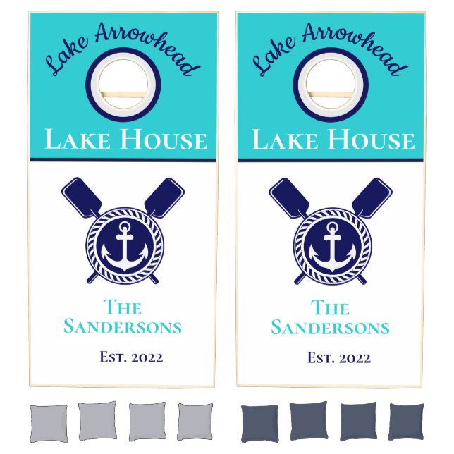 Nautical Modern Navy Blue Monogram Lake House Corn Cornhole Set (Set)