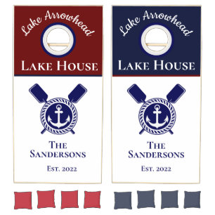 Nautical Modern Navy Blue Monogram Lake House Cornhole Set