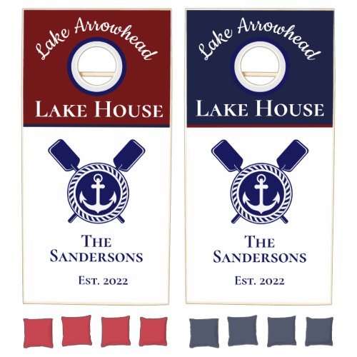 Nautical Modern Navy Blue Monogram Lake House Cornhole Set