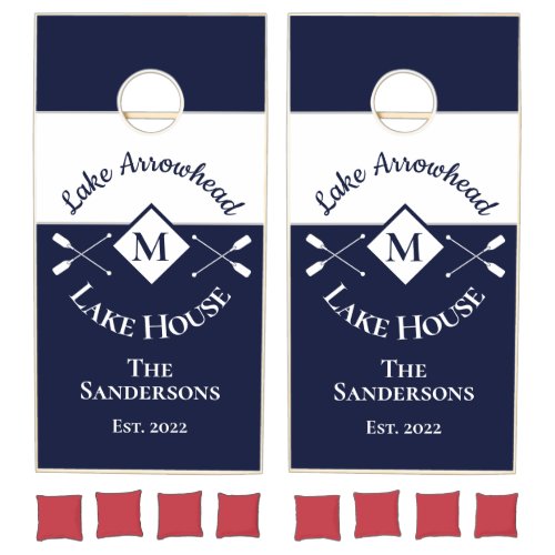 Nautical Modern Navy Blue Monogram Lake House Cornhole Set