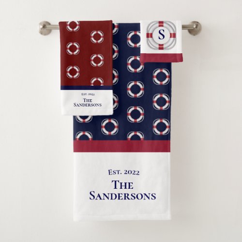 Nautical Modern Navy Blue Monogram Life Preserver Bath Towel Set