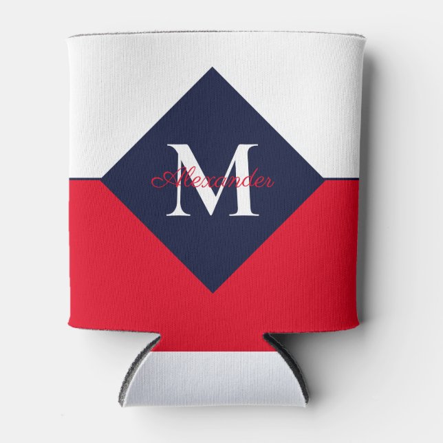 Nautical Modern Navy Blue Red Monogram Can Cooler (Front)