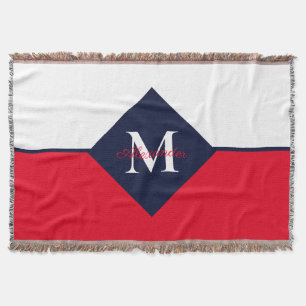 Nautical Modern Navy Blue Red Monogram  Doormat Throw Blanket