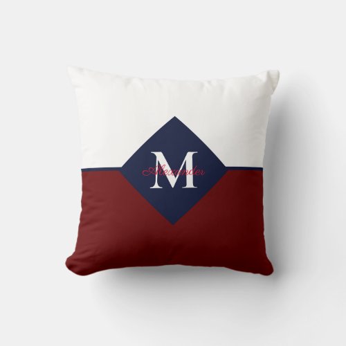 Nautical Modern Navy Blue Red Monogram Throw Pillo Throw Pillow