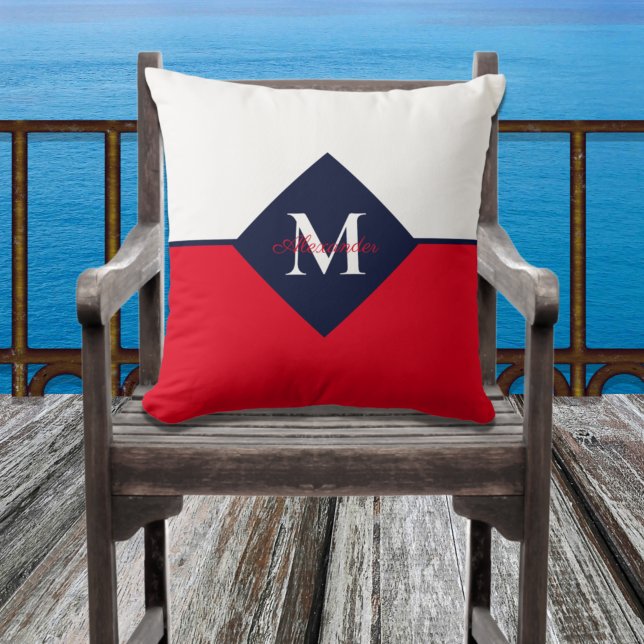 Nautical Modern Navy Blue Red Monogram Throw Pillow (Creator Uploaded)