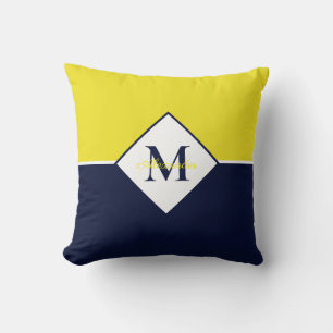Nautical Modern Navy Blue Yellow Monogram  Throw Pillow