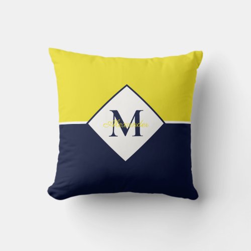 Nautical Modern Navy Blue Yellow Monogram  Throw Pillow