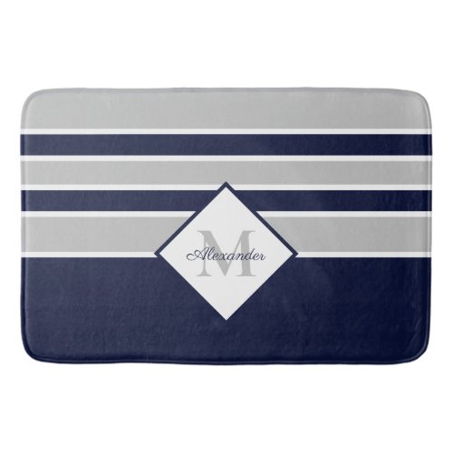 Nautical Modern Navy Gray Monogram  Bath Mat