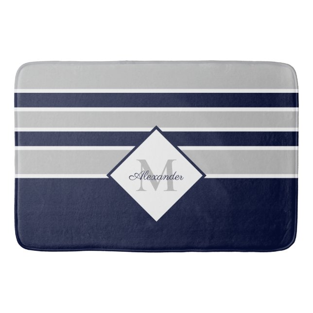 Nautical Modern Navy Gray Monogram  Bath Mat (Front)