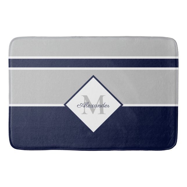 Nautical Modern Navy Gray Monogram kitchen rug (Front)