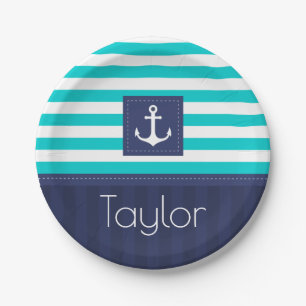 Nautical Modern Striped Anchor Design Personalized Paper Plates