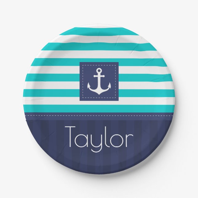 Nautical Modern Striped Anchor Design Personalized Paper Plates (Front)