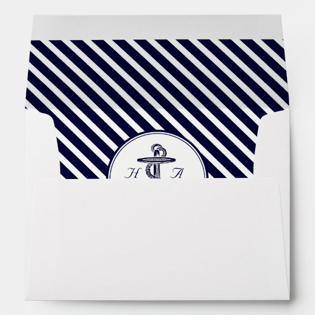 Nautical Monogm Navy Blu Wht Diag Stripe #2 A7 5x7 Envelope (Back (Bottom))