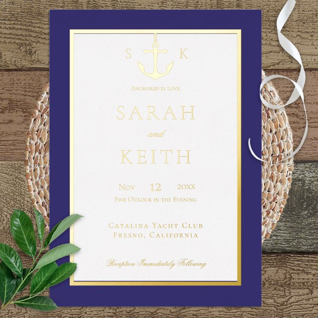 Nautical Monogram Anchor Navy Blue Wedding Foil Invitation (Creator Uploaded)