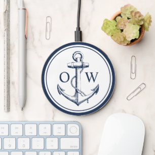 Nautical Monogram Anchor Navy White  Wireless Charger
