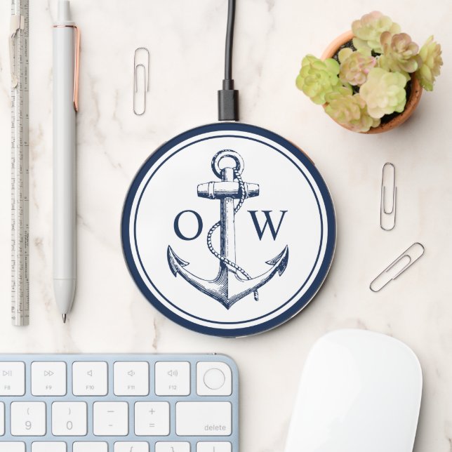 Nautical Monogram Anchor Navy White  Wireless Charger (Desk)