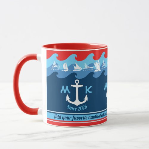 Nautical Monogram Anchor Waves Boat Red White Blue Mug