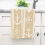 Nautical Monogram Anchor with Rope Sand Color Kitchen Towel<br><div class="desc">This nautical coastal style kitchen towel features white stripes with an anchor and a rope with monogram inside the circle,  against a beach sand colored background.</div>