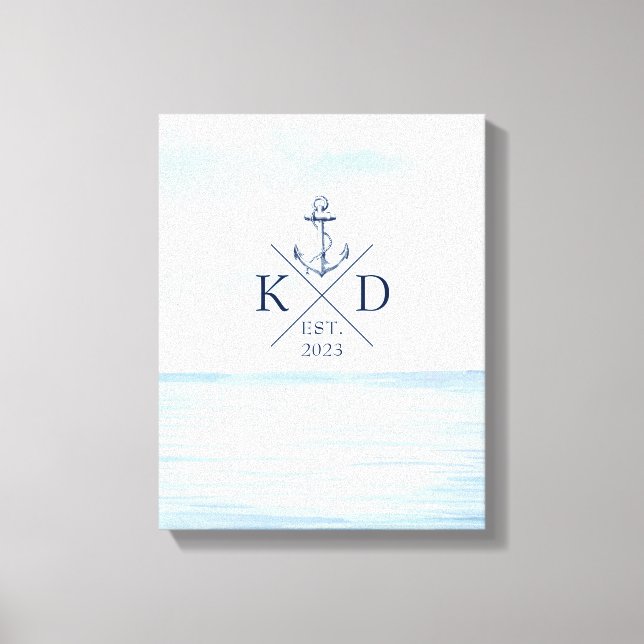 Nautical Monogram Beach Watercolor Anchor Canvas Print (Front)