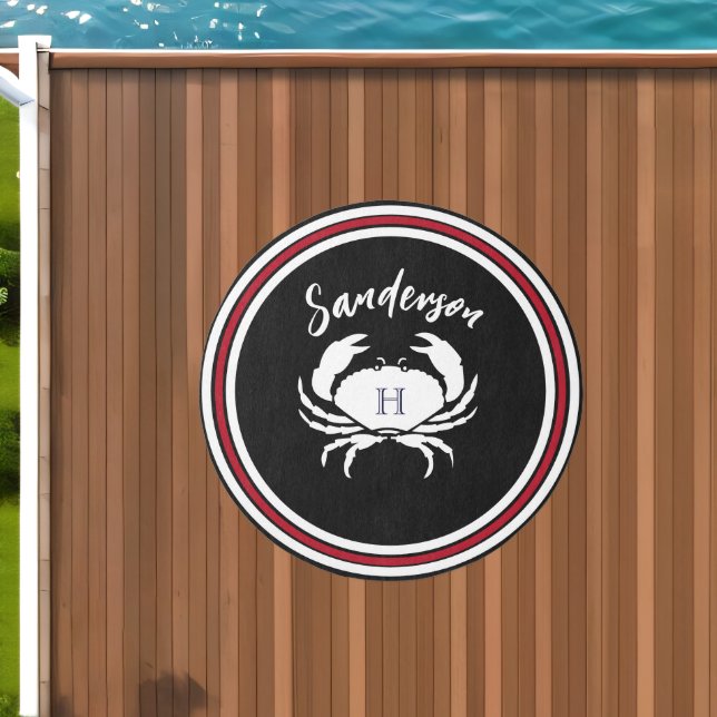 Nautical Monogram Black White Red Crab Round Outdoor Rug (Insitu (Outdoor 1))