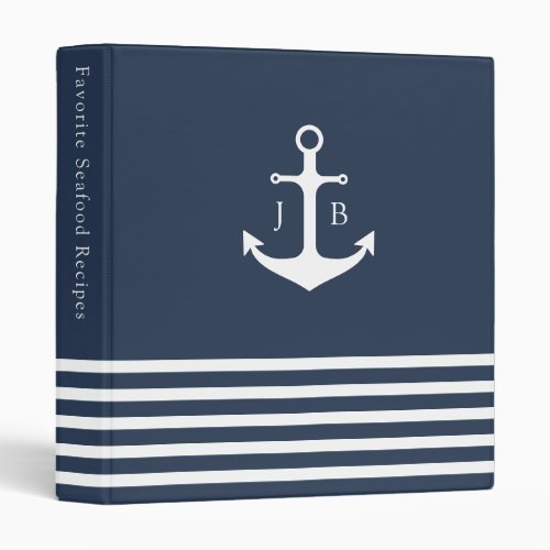 Nautical Monogram  Blue White Stripe Anchor 3 Ring Binder