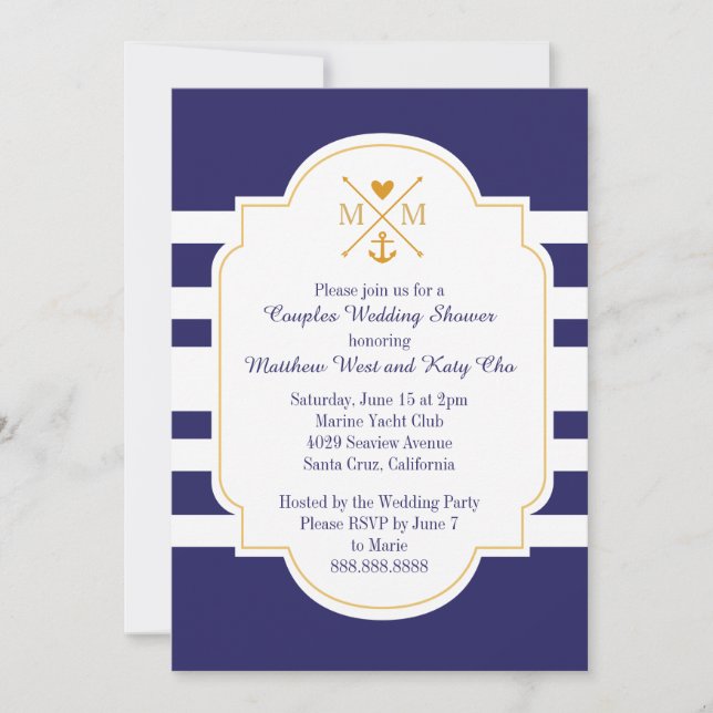 Nautical Monogram Couples Wedding Bridal Shower Invitation (Front)