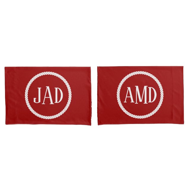 Nautical Monogram Dark Red White Rope Circle Pillow Case (Front-Set)