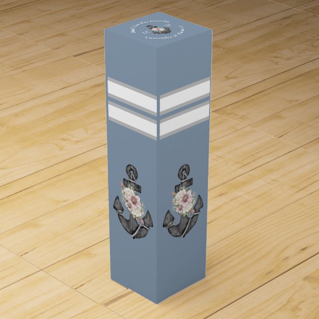 Nautical Monogram Dusty Blue Floral Anchor Beach Wine Box (Front)