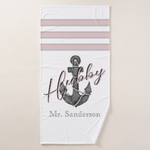 Nautical Monogram Dusty Rose Pink Floral Anchor Bath Towel