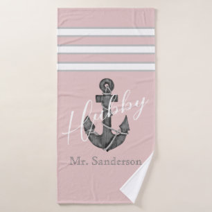 Nautical Monogram Dusty Rose Pink Floral Anchor Bath Towel